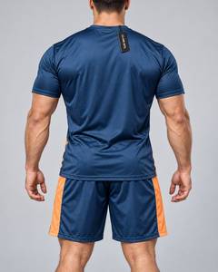 Maillot de football CLAW INTL pour homme, bleu et orange rayé, sublimé, en polyester respirant, coupe athlétique, manches courtes, col rond - Product Image 6