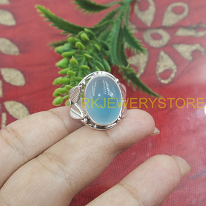 Anillo de Plata de Ley 925 con Calcedonia Azul Natural, Diseño de Hoja Hecho a Mano, Anillo Ovalado con Cabujón de Piedra Preciosa, Joyería Boho, Regalo - Product Image 2