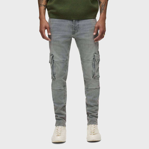 High Demand Men Slim Fit Denim <b>Cargo</b> Pants Grey Stone Washed <b>Stretch</b> Jeans Skinny <b>Cargo</b> Trousers Flap Side Pockets Streetwear - Product Image 1