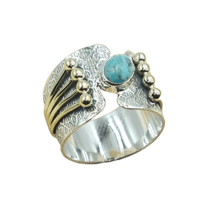 Bague ajustable artisanale en pierre turquoise, argent sterling 925 et laiton, style ethnique bohème tribal, bijoux de créateur pour femmes - Product Image 1
