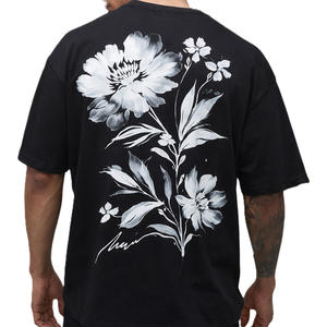 T-shirts en coton noir pour hommes, imprimé floral au dos, logo minimaliste à l'avant, coupe décontractée, streetwear, manches courtes, vente en gros OEM - Product Image 2
