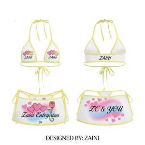 Premium 220 GSM 100% Polyester Women's High Waist Plunge Neck Reversible <b>Bikini</b> <b>Set</b> <b>White</b> Yellow Digital Print Logo Swimwear - Product Image 1