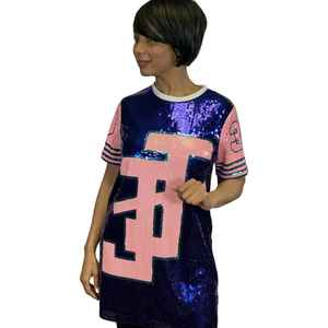 แจ็คแอนด์จิล เสื้อเจอร์ซีย์ประดับเลื่อมสำหรับผู้ใหญ่ ชุดปาร์ตี้แขนสั้นวิบวับ สีชมพู สีฟ้า คัลเลอร์บล็อก เสื้อทูนิคแฟชั่น - Product Image 1