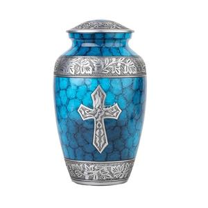 Urna Funeraria de Metal Azul Fuego para Adultos con Banda Floral Grabada en Plata, Recuerdo para Cenizas, Urna de Latón para Exhibición en Mesa - Product Image 4