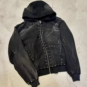 Sweat à capuche personnalisé effet délavé soleil 100% coton 500 g/m² avec strass, lourd, délavé à la pierre, zippé, effet vieilli et délavé à l'acide - Product Image 2