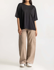 T-shirt classique noir à col rond, coupe ample, avec poche, impression personnalisée, manches courtes, respirant, pour femme, élégant et décontracté - Product Image 3