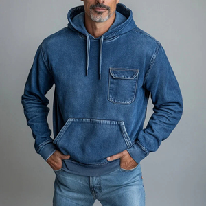 NANJU INTERNATIONAL <b>Men's</b> Vintage Denim Hoodie Solid Color 100% Cotton Casual <b>Drawstring</b> Closure Acid Wash Eco-Friendly Regular - Product Image 2