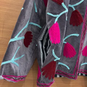 Luxury Gray <b>Velvet</b> Embroidered Suzani <b>Jacket</b> with Floral Print Full Sleeve Stand Collar Handmade Bohemian Autumn Coat - Product Image 5