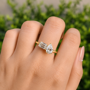 14K Yellow Gold Pear And <b>Emerald</b> Cut Moissanite Engagement <b>Ring</b> Toi Et Moi Wedding Jewelry for Women - Product Image 2