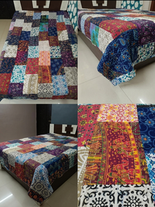 Cubrecama Floral Bohemio con Aves, Moderno, para Todas las Estaciones, Relleno de Algodón, Patchwork Hecho a Mano en Rajastán, Blanco y Azul, para el Hogar - Product Image 2