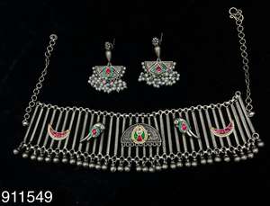 Comprar Conjunto de collar y aretes de plata oxidada tradicional, joyería tribal Bohemia antigua para mujer, accesorios étnicos para bodas - Product Image 4