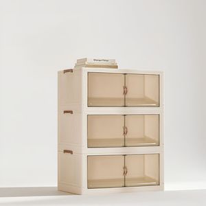 Contenedor de almacenamiento plegable apilable de 3 niveles, 120QT, blanco, puerta con tapa, organizador frontal abierto para ropa de dormitorio, cajas de almacenamiento de plástico - Product Image 1