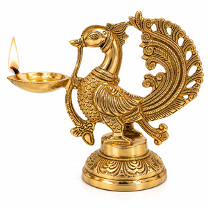 Handcrafted Brass Peacock Diya <b>Oil</b> <b>Lamp</b> Stand Detailed Design Decorative Multi Wick Deepak for Puja Room Temple Home Decor - Product Image 1