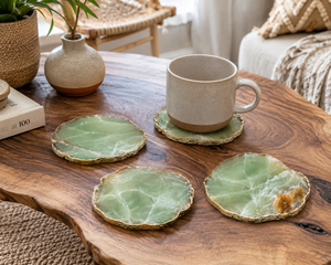 Natural Green Agate Stone Carving <b>Coaster</b> with <b>Gold</b> Trim Polished Finish for Home Decor Gift - Product Image 4