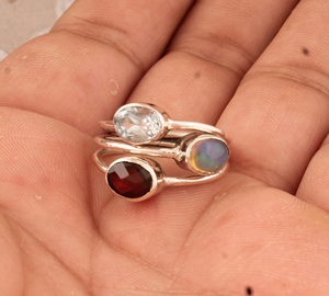 Natural Red <b>Garnet</b>, Blue Topaz Opal Bezel Setting Band <b>Ring</b> 925 Sterling <b>Silver</b> Women's Genuine Three Stone Gemstone <b>Ring</b> - Product Image 5