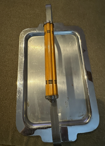 Chrome or metal serving tray insert pan with handles Heavy Chrome plated metal tray set within a wire tubular carrying stand - Product Image 2