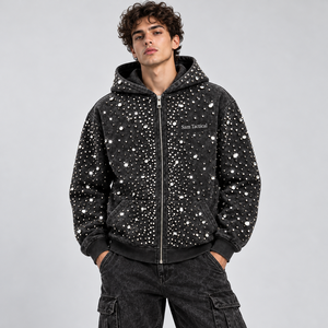 Sweat à capuche zippé pour homme Sam Tactical, noir délavé, style hip-hop, orné de strass et de clous, prix de gros, personnalisation OEM - Product Image 1