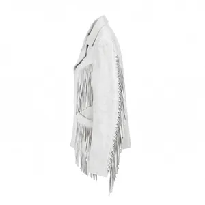 Chaqueta de Cuero Unisex Blanca con Flecos de Gamuza Auténtica, Estilo Vaquero Occidental, con Botones, Prenda Exterior Vintage de Moda, Logotipo Personalizado OEM - Product Image 4