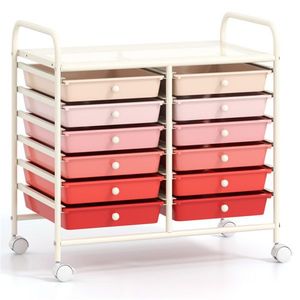 Chariot de rangement roulant à 2 rangées et 10 étages avec 12 tiroirs multicolores roses et 4 roues blanches (2 avec frein) - Product Image 3