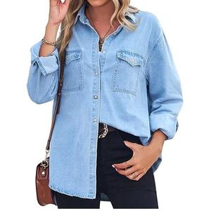 เสื้อเชิ้ตยีนส์สีน้ำเงิน เสื้อเดนิมลำลองสำหรับฤดูร้อน ทรงโอเวอร์ไซส์ ยืดหยุ่น ทนแดด กระดุมหน้า เสื้อเชิ้ตยีนส์ขายส่ง ระบายอากาศได้ดี - Product Image 1