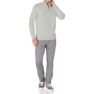 Men's Light Gray <b>Quarter</b> <b>Zip</b> Knitted Cotton Embroidered Zipper <b>Sweater</b> Regular Fit Stand Collar Winter Solid Color Pullover - Product Image 6