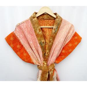 WOODEN BLOCK CRAFT INDIA Reversible Quilted Kantha Kimono Jacket Short Front Belt Closure Organic Cotton Eco-Friendly Women's - Product Image 2