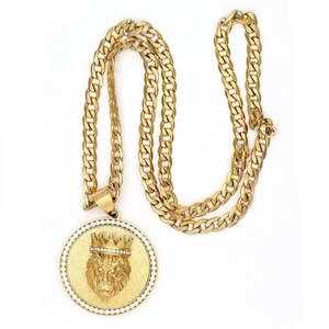 Collier pendentif lion en acier inoxydable plaqué or, avec breloque couronne ronde sertie de pierres, bijoux pour hommes et femmes - Product Image 1