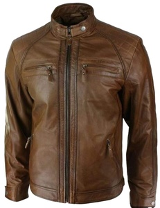 Blouson moto homme marron en PU écologique teint en pièce, col montant, fermeture éclair, coupe droite, pour l'hiver, couleur unie, style motard - Product Image 3