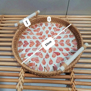 Wholesale Mother of Pearl Inlay Round Bohemian Eco-Friendly 26cm Handmade Rattan Serving Tray with <b>Handles</b> Kitchen Table Display - Product Image 2