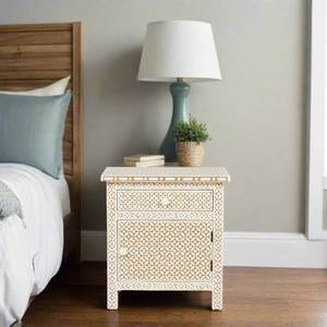 Mesita de Noche Premium con Incrustaciones de Hueso, con Elegantes Incrustaciones Florales y Construcción de Madera Duradera para Dormitorios Contemporáneos - Product Image 4