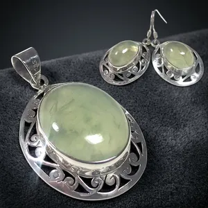 # Prehnite 925 Sterling Silver Handcrafted Wholesale Jaipur Jewelry Set With Pendant Earrings Natural Green Gemstone - Product Image 3