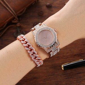 Reloj de Moda 8438 para Mujer, Reloj de Acero Inoxidable con Diamantes y Brazalete de Cadena Cubana, Conjunto de Joyería para Mujer - Product Image 5