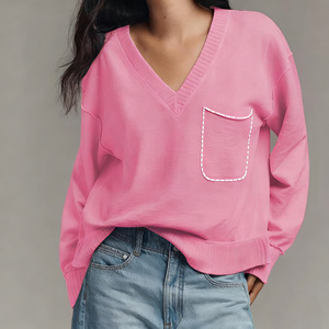 Suéter de Punto Oversize para Mujer con Cuello en V, Bolsillo, Hombros Caídos, Manga Media, Color Gris Sólido, Transpirable, para Otoño - Product Image 3