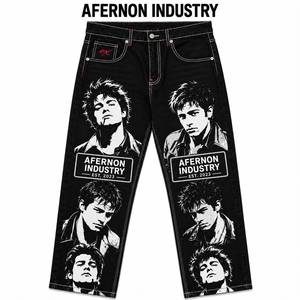 AFERNON INDUSTRY Men's Black Printed Street Style Casual <b>Jeans</b> <b>Elastic</b> <b>Waist</b> Acid Wash 100% Cotton Canvas Lightweight Summer - Product Image 1
