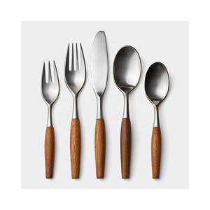 Poignée en bois courbé Salade Dîner vaisselle cuillère En Acier Inoxydable Argent Miroir Poli Ustensiles Ensemble Style Espagnol Poignée ensemble de couverts - Product Image 4