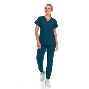 <b>Women</b> Medical Scrub Set V-Neck Top Pants <b>Teal</b> Spandex/Polyester Canvas Needle Detection Hospital Uniform - Product Image 1