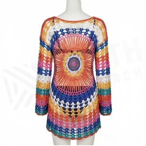 Colorful <b>Crocheted</b> Hollow 2 Set Women Deep V Neck <b>Long</b> Sleeve Geometric Pattern Handmade Acrylic Breathable Beachwear <b>Skirt</b> - Product Image 2