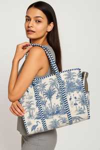 Wholesale Price Teal Blue Orange Floral Cotton Kantha Quilted Storage Tote <b>Bag</b> Women Shoulder Travel Carrying Handbag Striped St - Product Image 4