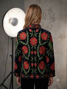 Chaqueta de Terciopelo para Mujer con Bordado Floral, Cuello Mandarín, Manga Larga, Estilo Otoñal Prairie Chic, Bordado a Mano, Cierre de Cremallera - Product Image 3