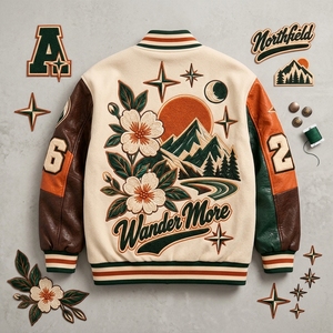 Chaqueta de Béisbol para Hombre, Chaqueta Letterman con Cuerpo de Lana, Mangas de Cuero, Diseño Floral de Montaña Bordado, Chaqueta Bomber de Equipo - Product Image 6