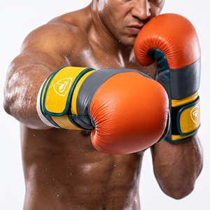 Gants de boxe en cuir orange, turquoise et jaune Dumela 16 oz, équipement d'entraînement professionnel avec logo. - Product Image 3
