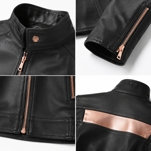 Blouson Moto Court en Cuir pour Femme, Cuir Nappa de Mouton, Ferrures Or Rose, Léger 220g, Style Streetwear Européen, Blouson de Motard Personnalisé OEM - Product Image 4