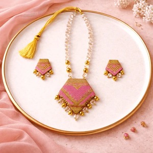 Premium Quality Assamese Gamusa Pink Muga Silk Necklace <b>Set</b> with Crystal <b>Beads</b> Earrings Ethnic Traditional Available For Sale - Product Image 6