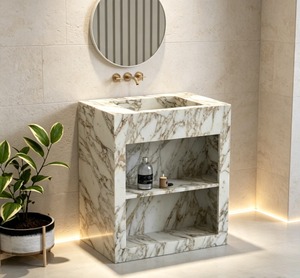 Meuble-lavabo de salle de bain moderne en marbre avec vasque carrée en pierre, miroir sans cadre inclus, finition polie, design sur pied - Product Image 1