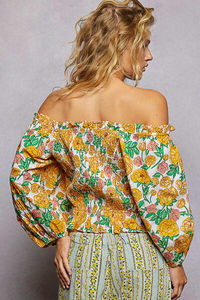 POL Floral Digital Print <b>Off</b>-<b>Shoulder</b> Smocked Crop Loose Summer Canvas 100% Cotton Blouse - Product Image 4