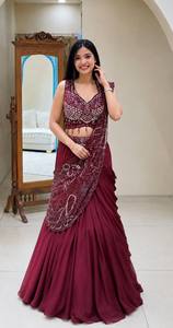Ensemble de sari Lehenga sans manches brodé marron pour femmes, avec volants, longueur au sol, tenue de mariage indienne pakistanaise - Product Image 3