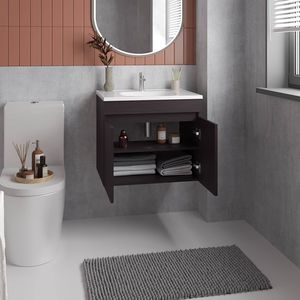 Mobile bagno sospeso Chaux con doppia anta, lavabo in resina e due ripiani, design ampio, nero - Product Image 2