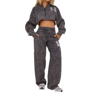 Ensemble de survêtement décontracté pour femme, effet délavé, avec sweat à capuche à manches longues et pantalon, couleur unie, deux pièces, tenue tendance pour l'automne - Product Image 1