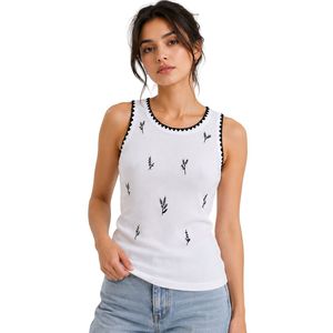 Camiseta sin mangas acanalada blanca y negra para mujer, bordada, informal, de verano, ajustada, de algodón elástico, personalizada, OEM. - Product Image 1