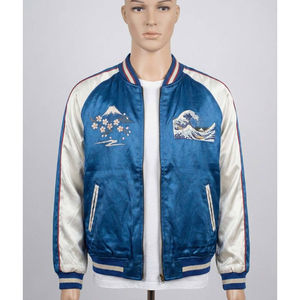 Chaqueta Varsity Sukajan Azul Satinado, Estilo Japonés, Bordado Vintage, Parches de Lona, Invierno, Ecológica, Transpirable, Unisex - Product Image 4